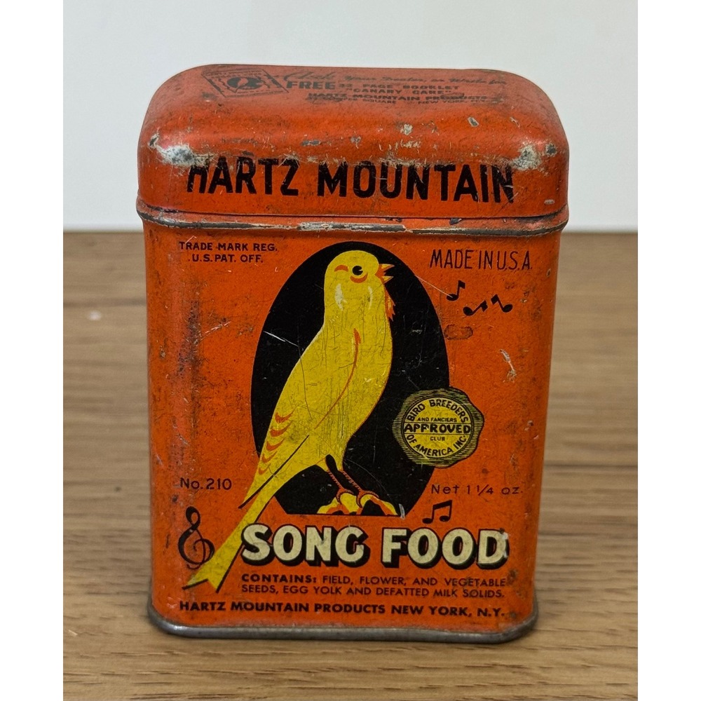 Hartz Mountain Song Food Tin Vintage Bird Seed No 210 Orange Canary Advertising